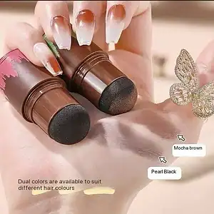 Dual color lipsticks for various hair shades, featuring mocha brown and pearl black options.